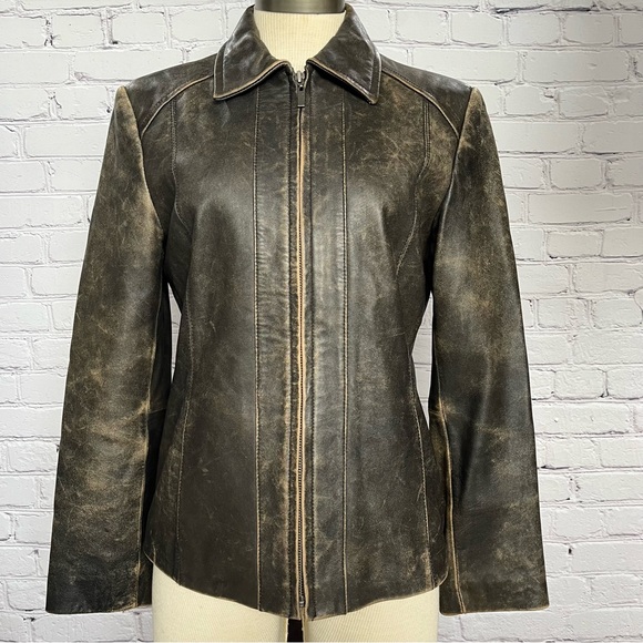 Vintage Valerie Stevens Zip Up Leather Jacket Fully Lined Distressed Brown Sz S - Picture 3 of 14